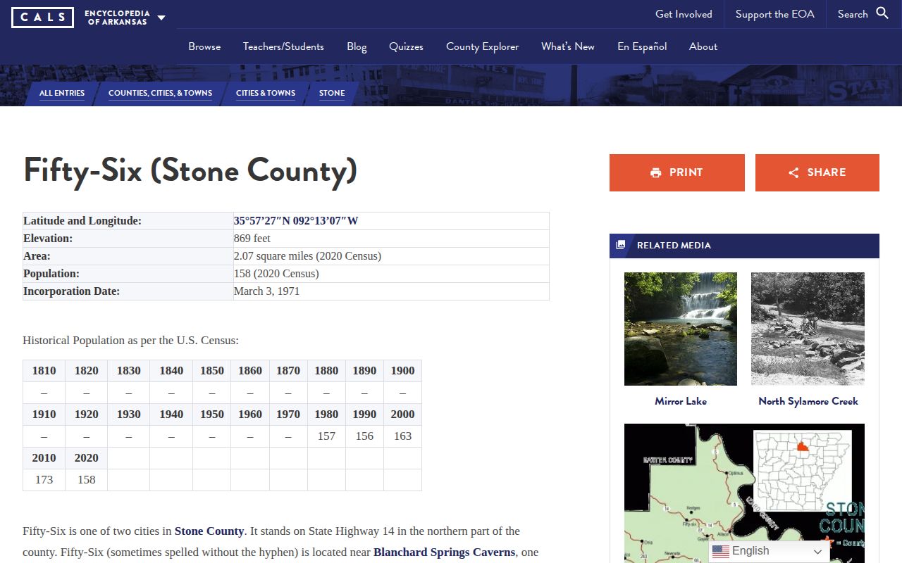 Encyclopedia of Arkansas page documenting Fifty-Six and Stone County context