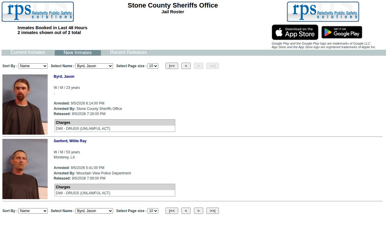 Stone County official New Inmates page showing its last 48 hours label