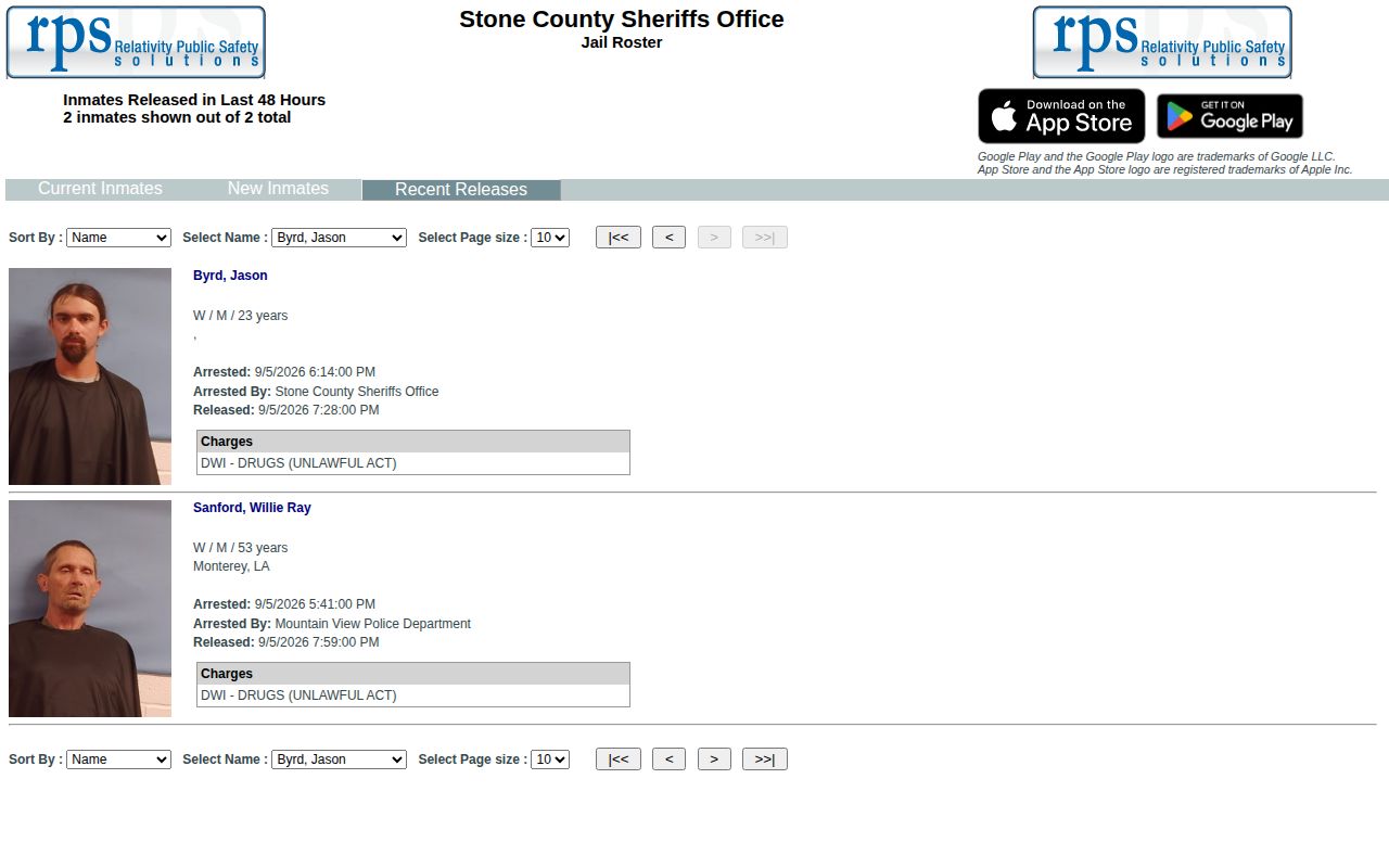 Stone County official Recent Releases page for the rolling 48-hour window