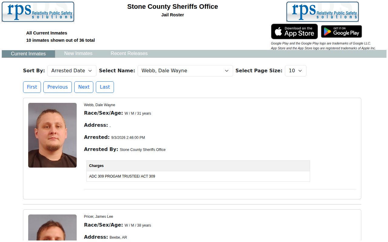 Stone County current inmate roster and arrest record interface