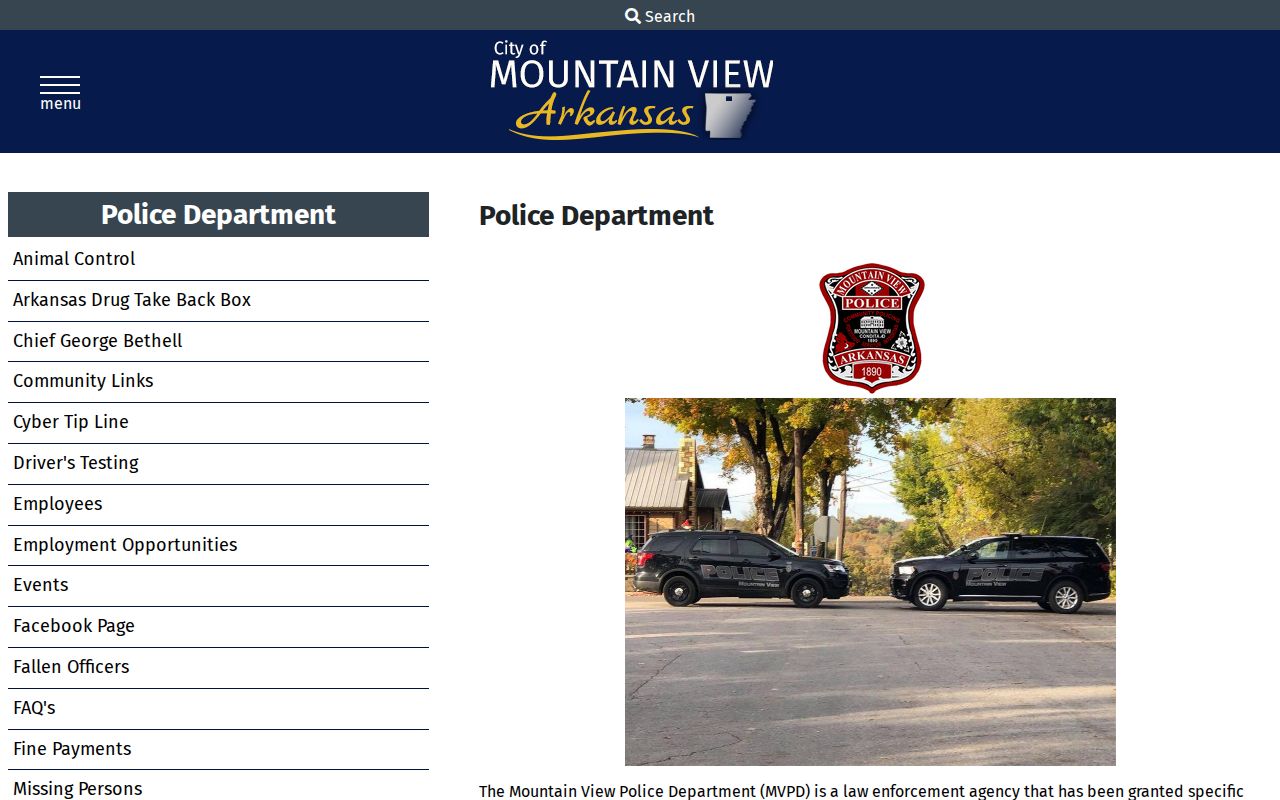 Mountain View Police Department official webpage with city contact information