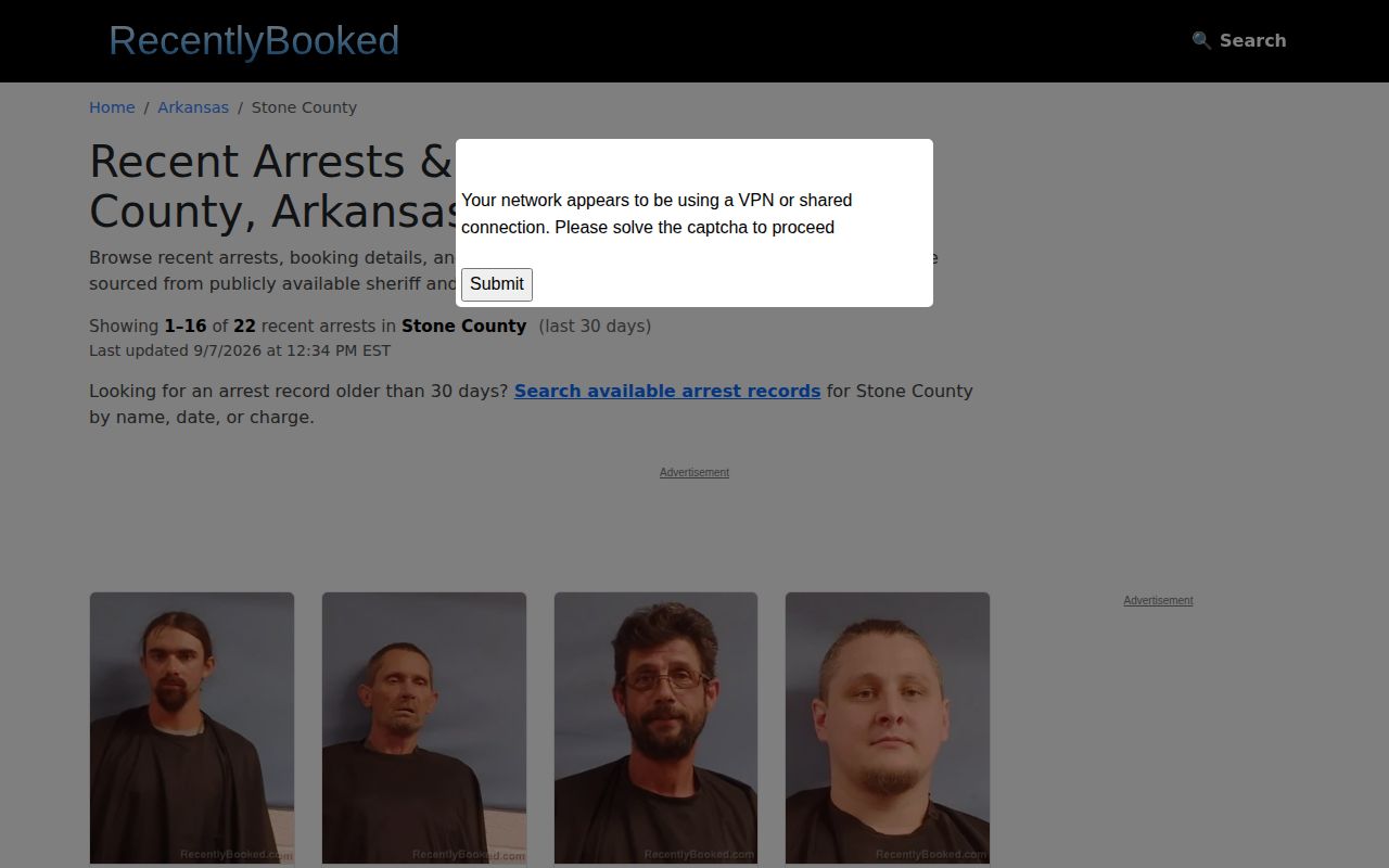 Unofficial RecentlyBooked Stone County index shown as a secondary discovery source