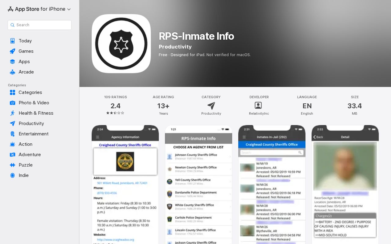 Apple App Store listing for the vendor-linked RPS Inmate Info application
